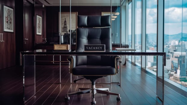 A black leather office chair with a VACANCY sign in a stylish, modern office with a city view, symbolizing opportunity and professionalism.