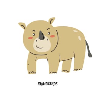 Childrens animal card rhinoseros for education. Kindergarten design. Cute african animal flash card on english language. Funny cartoon character poster for kids room with quotes.