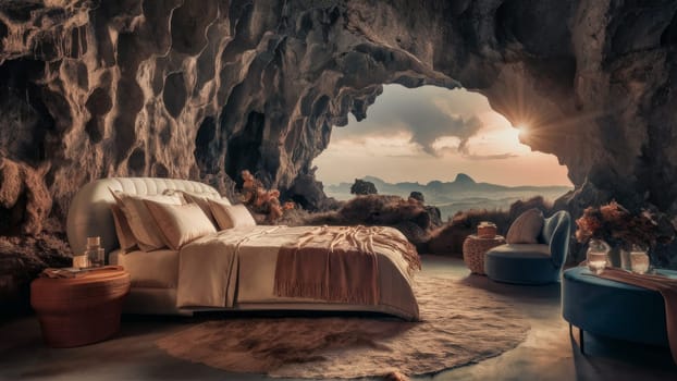 A luxurious bedroom inside a cave, with a comfortable bed and elegant decor, overlooking a breathtaking sunset view.Suitable for advertising unique accommodations and showcasing luxury interior design