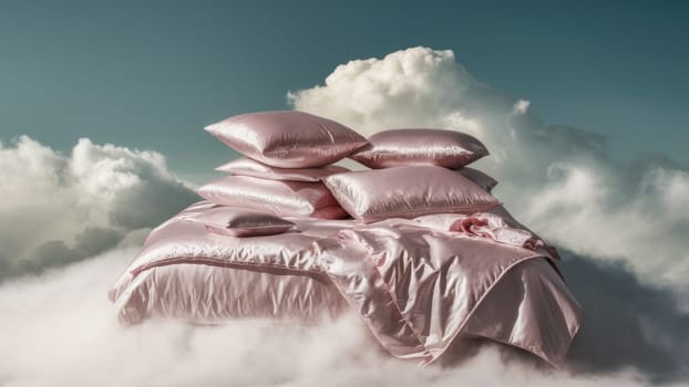 A luxurious bed with pink satin bedding and pillows appears to float among fluffy white clouds against a clear sky.