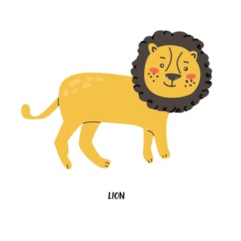 Childrens animal card lion for education. Kindergarten design. Cute african animal flash card on english language. Funny cartoon character poster for kids room with quotes.