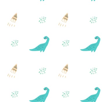 Childrens animals pattern of cute baby dinosaurs collection. For textile. Nursery design. Childrens dinosaurs background with tropical tree. Childish animals pattern, hand drawn elements.