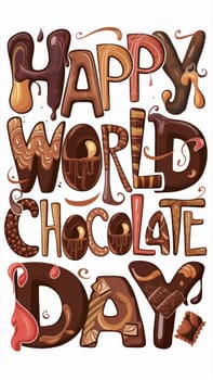 A colorful illustration dedicated to World Chocolate Day. The letters are on a white background, decorated using various chocolate textures and styles.