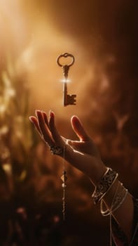 A mystical antique key levitating above a hand, enveloped in a warm, glowing light. AI-generated.