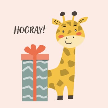 Childrens animal card with congratulation text. Cute african animal celebration design. Greeting card with little wild pet for Childish postcard. Giraffe with gift.