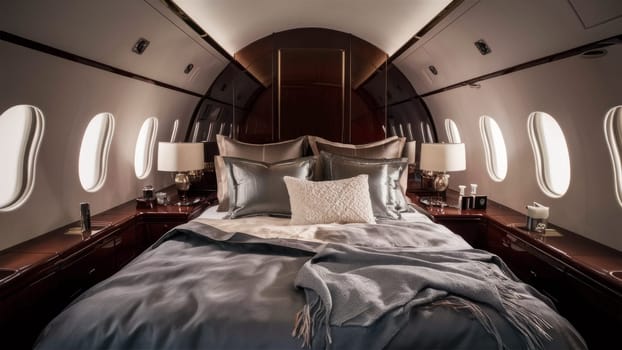 An elegant bedroom in a private jet with a plush bed with luxurious linens and stylish decor