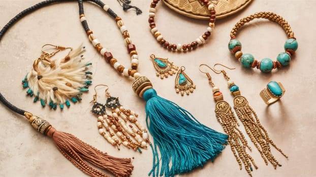 A collection of boho style jewelry including necklaces, earrings, and bracelets with turquoise and bead accents, displayed on a beige background.