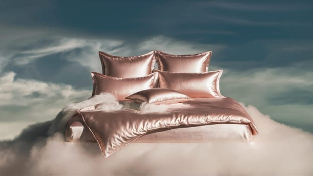 A dreamy bed floating high among the clouds against a serene sky creates a surreal and peaceful scene.concept of relaxation and self-care