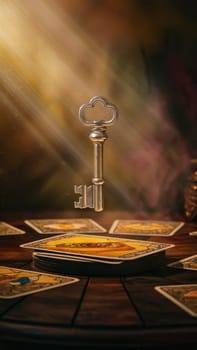 An antique key hovers above tarot cards on a wooden table, in warm, soft sunlight.Suitable for mystical and vintage projects, spiritual blog posts, and fortune telling advertisements.