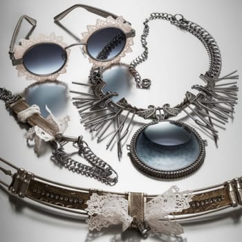 A collection of fashion accessories including lace-trimmed sunglasses and metallic necklaces arranged on a white background. Unique and stylish.