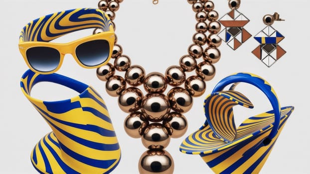 A collection of vibrant and bold fashion accessories including geometric earrings, a chunky necklace, and colorful high heels. Eye-catching and unique.