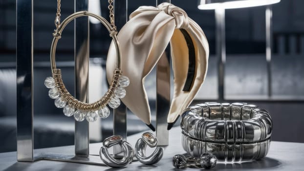 Elegant jewelry display case with satin headband, crystal necklace and silver earrings and bracelet in stylish settings.