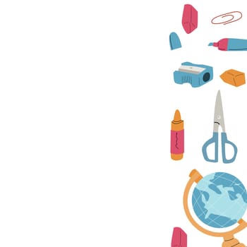 Back to school, kindergarten banner or frame. Children school elements, pencils background with copy space. Children supplies, cute design. Can used for poster, sale banner.