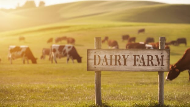 Wooden sign with the words ,Dairy Farm, in front of a field of grazing cows in the golden morning light. Suitable for agricultural advertising, dairy product promotion, and rural tourism sites.