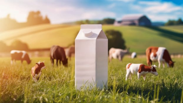 White milk carton sits on lush green field with grazing cows and barn in background.Suitable for dairy industry marketing, organic product packaging, and farm lifestyle articles.