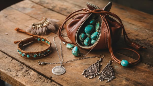 A rustic collection of bohemian jewelry featuring turquoise stones, silver earrings, a necklace, and a leather pouch, displayed on a wooden surface.