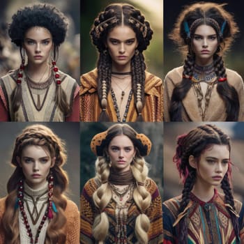 A collage of fashion portraits featuring women with various intricate braided hairstyles and traditional, bohemian-inspired outfits. AI-generated.