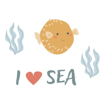 Childrens sea animal fugu fish background with words. Nautical elements. Cute fish or ocean inhabitant with seaweed. Sea wild life, marine animals with text for stickers, cover design, cloth
