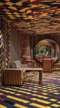 An interior space designed with vibrant optical illusion patterns on walls, ceiling, and furniture, featuring a large circular mirror. Suitable for modern art exhibitions, and decor inspirations.