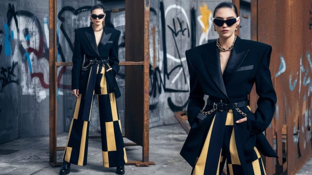 A model in edgy urban fashion featuring a black blazer with exaggerated shoulders and yellow-black striped pants, set against a graffiti-covered backdrop.
