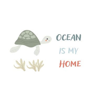 Childrens sea animal background with words. Nautical elements. Cute fish or ocean inhabitant with seaweed. Sea wild life, marine animals with text for stickers, cover design, clothes.