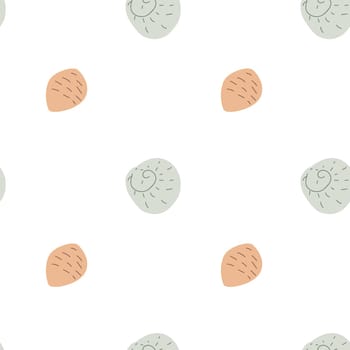 Childrens cute fashion pattern. Childish sea shell seamless background. Marine life elements pattern. Nursery design. Pastel colors. Clams background, seashells, seaweed print. Seashore beach elements