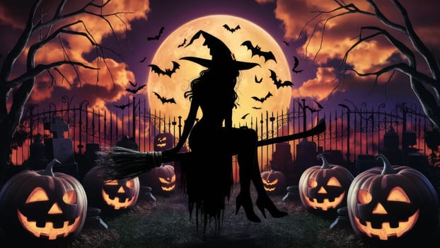 Silhouette of a witch on a broomstick against a full moon, surrounded by jack-o-lanterns, bats, and a spooky graveyard setting. AI-generated.