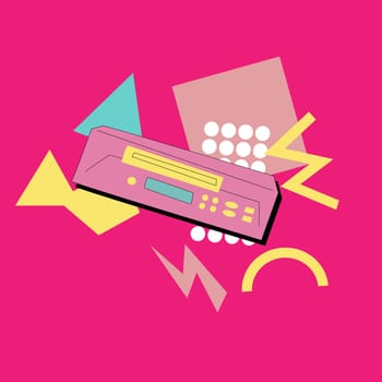 90s music background. Retro disco banner with y2k or 00s elements. Game or music equipment, laptop from 90s. Bright banner for social network.