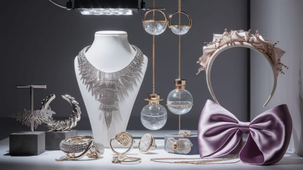 A luxurious display of elegant jewelry, including silver necklaces, rings, bracelets, and a headband with gold accents, showcased on white stands.