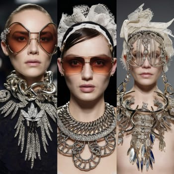 Three models wearing avant-garde fashion accessories including oversized sunglasses and elaborate necklaces. Bold and creative designs. AI-generated.