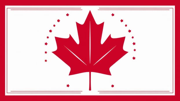 A stylized red maple leaf emblem set against a white background, surrounded by small stars and framed in red.