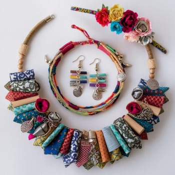 A vibrant collection of handmade jewelry including a necklace, bracelet, earrings, and a headband decorated with fabric, beads, and floral accents. Copy space.