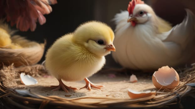 A cute yellow chick sits in a nest with its mother hen nearby, surrounded by broken eggshells, symbolizing new life and nurturing.