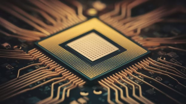 Detailed close-up image of an advanced microprocessor with golden circuits on a dark background. .
