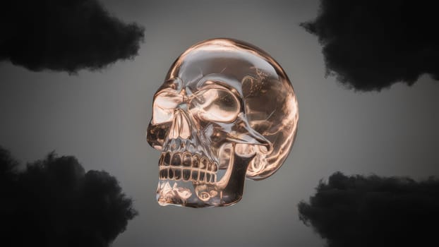 Crystal skull surrounded by dark clouds on a gray background, creating a mysterious and eerie atmosphere.