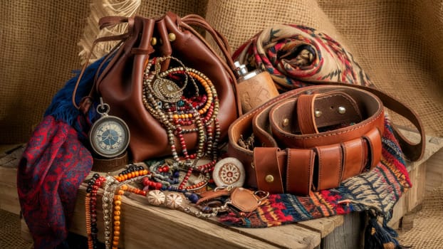 A collection of bohemian leather accessories, including a bag, belts, necklaces, and a compass, set against a burlap background.
