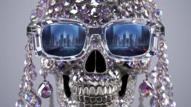 A crystal-encrusted skull wearing reflective sunglasses showing a futuristic cityscape. The skull is adorned with shiny jewels and beads, giving it a luxurious and surreal appearance.