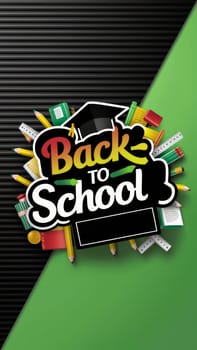 A vibrant ,Back to School, text with school supplies such as pencils, notebooks, and rulers on a black and green background.