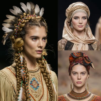 Traditional and Modern Headwrap Styles. Three models showcasing traditional and modern headwrap styles, featuring intricate braiding, feathers, and patterned fabrics. Cultural and elegant designs.