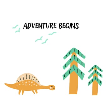 Cute dinosaur in nature background - childish poster with text. Childrens cute animals background. Doodle predator baby animal and christmas tree. Adventure begins or explore more quotes.