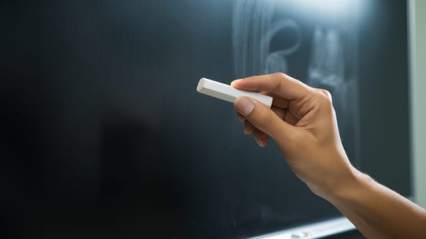 A close-up of a hand holding white chalk, writing on a dark chalkboard. The image captures the moment of creating a lesson or message.