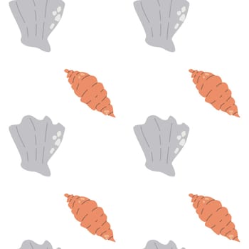 Childrens cute fashion pattern. Childish sea shell seamless background. Marine life elements pattern. Nursery design. Pastel colors. Clams background, seashells, seaweed print. Seashore beach elements