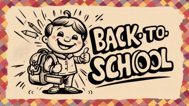 A vintage-style illustration of a happy student with a backpack and school supplies, accompanied by the text Back to School.