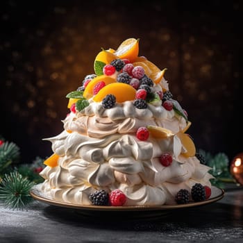 Meringue Christmas Tree. with citrus fruits, berries and pears on the festive table against the backdrop of Christmas illumination.Christmas recipes
