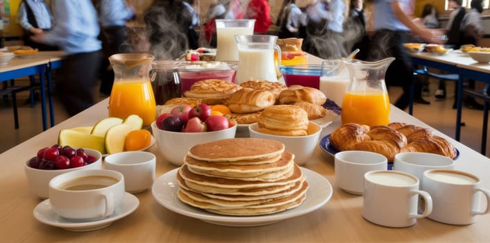 A well-set breakfast table featuring pancakes, fruits, pastries, and drinks, with students blurred in the background. AI-generated.