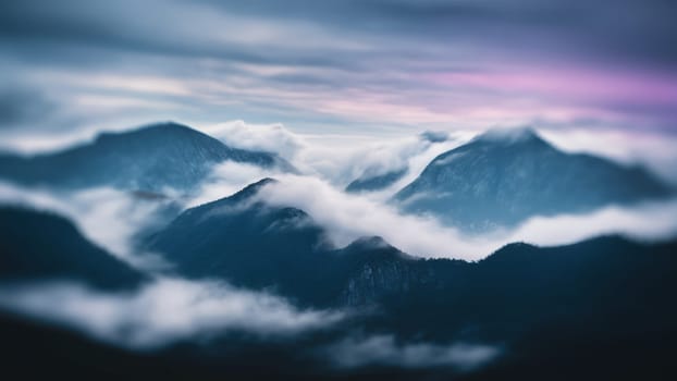 Mystical Mountain Peaks. Mist-covered mountain peaks under a purple sky, creating a serene and mystical landscape. Perfect for travel guides and nature blogs.