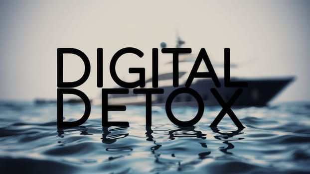The phrase Digital Detox appears over an ocean backdrop with a boat in the background, suggesting a break from technology while enjoying the sea.