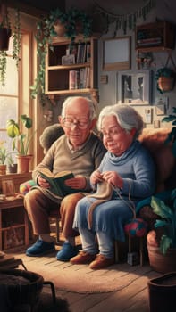 Elderly couple enjoying time together in a cozy room full of plants, woman knitting, man reading a book.