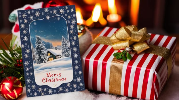 A festive Christmas card and a beautifully wrapped gift with a gold ribbon in a cozy holiday setting.