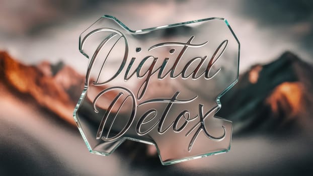 Digital Detox Glass Design.The phrase ,Digital Detox, etched in a glass-like design with a blurred mountainous background, emphasizing the need to disconnect from technology.